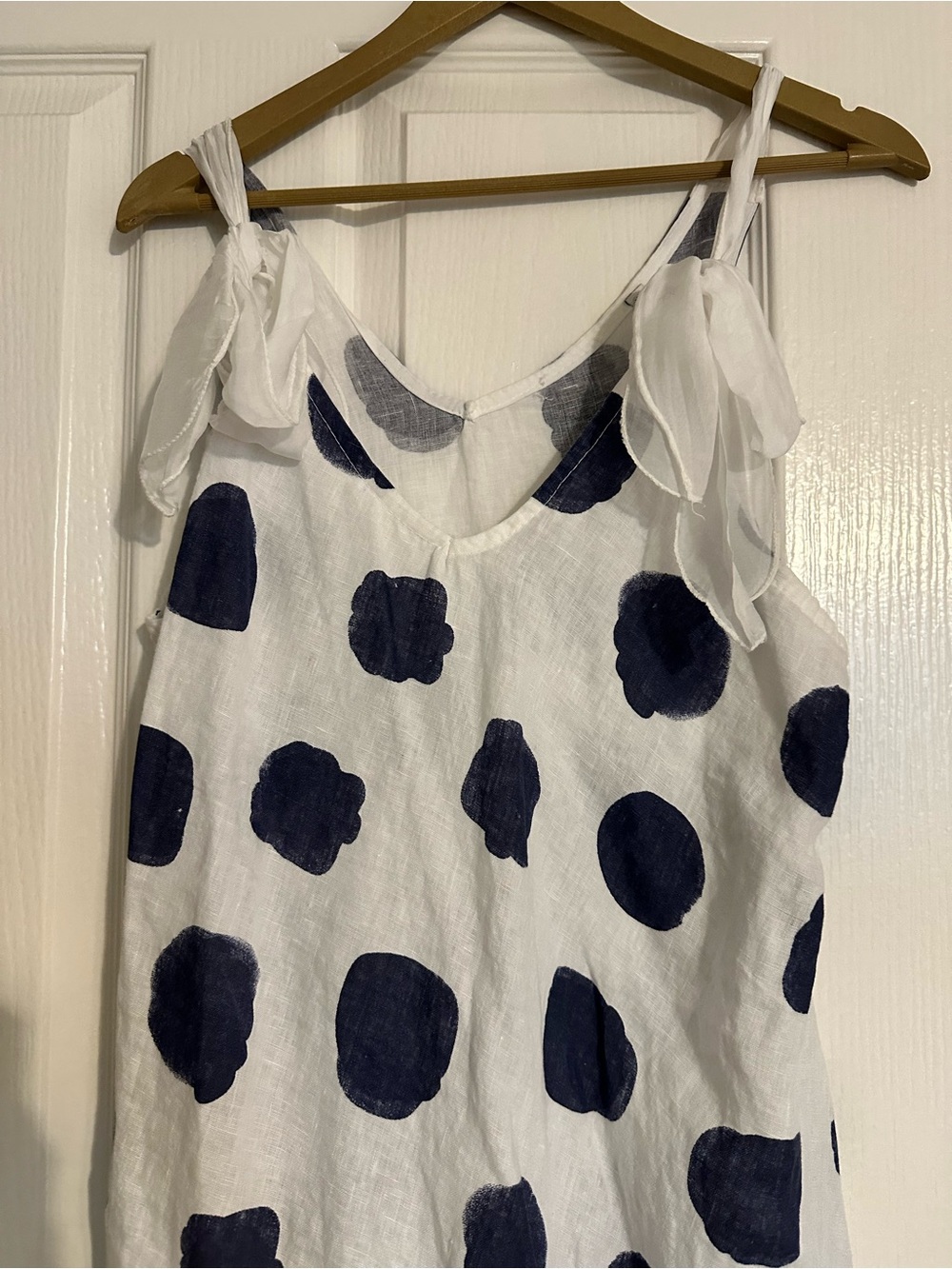 Women's White Linen Polka Dot Tie-Shoulder dress
